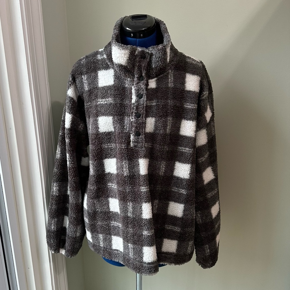 LOFT fuzzy, cozy plaid pullover